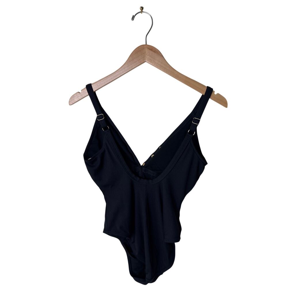 ROBIN PICCONE Snap Front V Neck One Piece Swimsuit Black Size 10 Cut 9330